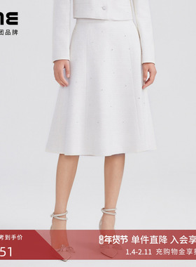 LIME莱茵年早春新款粗花呢半裙象牙白色高腰韩版A字裙通勤百搭