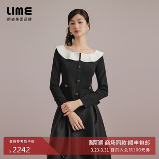 上衣 黑色25秋新款 朗姿集团LIME莱茵法式 荷叶边一字领口针织套头衫