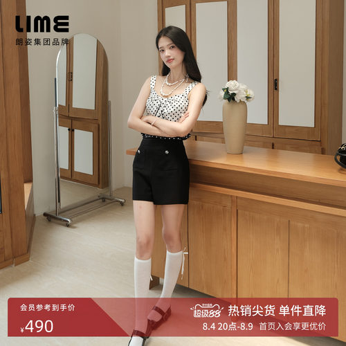 朗姿/LIME莱茵优雅香风面料缎面拼接高腰短裤黑色2026年夏季新款