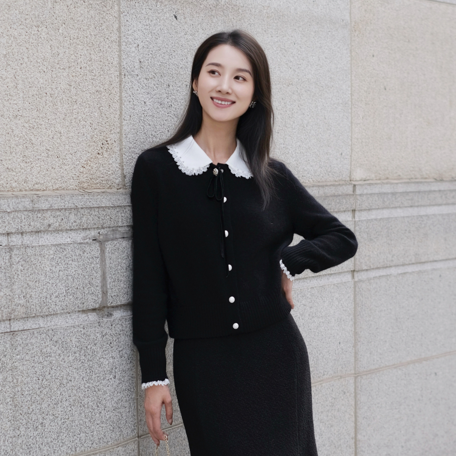 朗姿集团LIME莱茵蕾丝边娃娃领针织开衫25秋冬新款千金风女毛衫