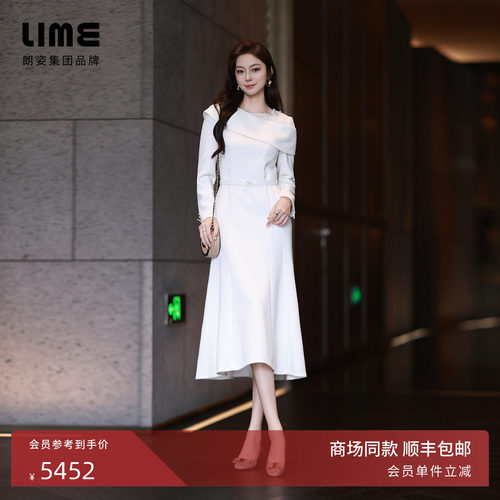 朗姿集团LIME莱茵粗花呢连衣裙象牙白立体翻领收腰设计感冬新款