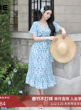朗姿集团LIME莱茵法式洋甘菊碎花连衣裙天蓝色25夏新款收腰茶歇裙