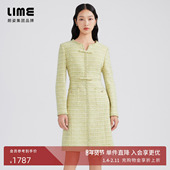 LIME莱茵年早春新款 粗花呢连衣裙柠檬黄色新中式 收腰小香风裙子