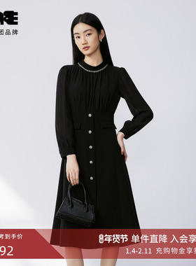 LIME莱茵圆领钉珠重工设计感连衣裙黑色2024秋新款都市时尚裙子