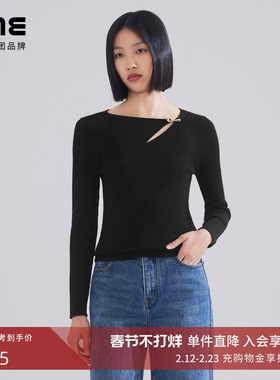 LIME莱茵年早春新款镂空不规则领型装饰黑色羊毛针织套头毛衫