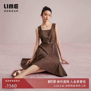 朗姿集团LIME莱茵复古摩登方领无袖 长裙 收腰连衣裙深棕色25秋新款