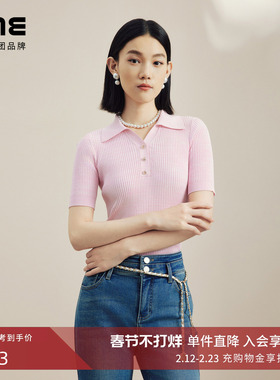 LIME莱茵POLO领坑条显瘦针织套头衫秋新款通勤优雅时尚女短袖