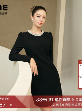 吉娜同款 朗姿/LIME莱茵赫本风法式轻奢珍珠年会香风小黑裙连衣裙