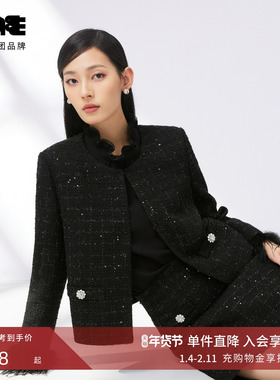 LIME莱茵复古经典黑色格纹外套半身裙套装2024秋新款女小香风上衣