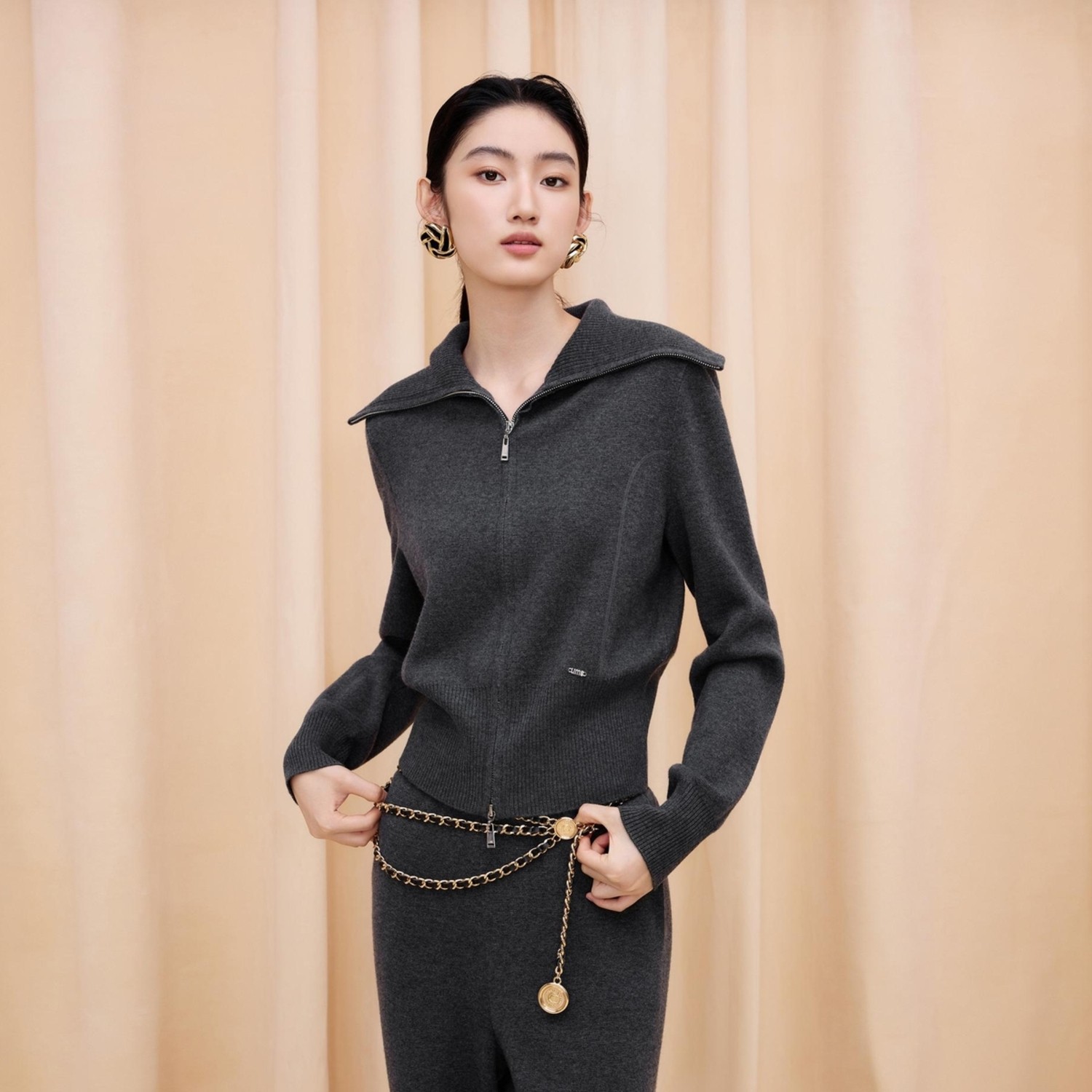 朗姿/LIME莱茵秋冬新款Miu风羊毛休闲针织套装翻领开衫毛衣直筒裤