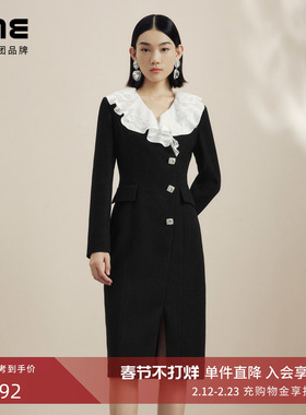 LIME莱茵荷叶边领黑白撞色粗花呢连衣裙秋冬新款法式优雅设计感