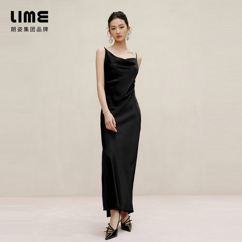 【七七酱直播间】LIME莱茵V领吊带黑连衣裙夏侧开叉鱼尾下摆裙