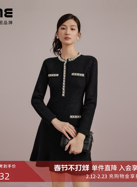 朗姿/LIME莱茵黑色针织连衣裙千金风圆领手工钻饰轻奢新款小黑裙