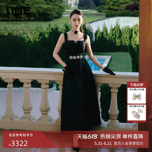 【吉娜同款】朗姿集团LIME莱茵方领吊带连衣裙黑色聚会收腰小黑裙