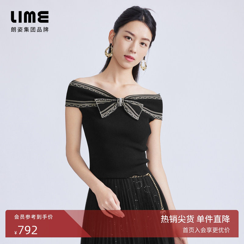LIME莱茵一字领蝴蝶结针织套头衫黑色春夏新款钉珠设计感短袖