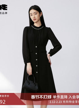 LIME莱茵圆领钉珠重工设计感连衣裙黑色秋新款都市时尚裙子