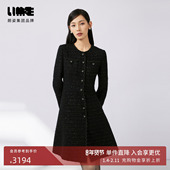 LIME莱茵优雅粗花呢连衣裙夜幕黑色秋新款 小香风收腰轻奢裙子