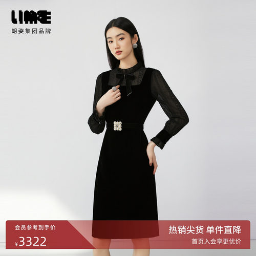 LIME莱茵蕾丝拼接丝绒连衣裙黑色秋新款轻奢优雅蝴蝶结装饰裙