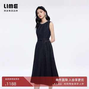 朗姿/LIME莱茵棉质重工钻饰圆领收腰蝴蝶结牛仔连衣裙2026夏新款