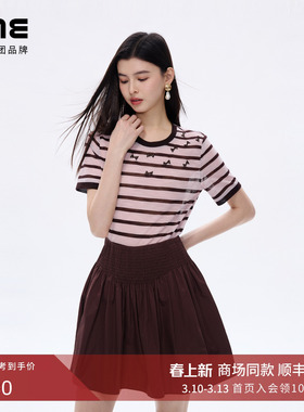 【商场同款】朗姿/LIME莱茵优雅针织T恤条纹短袖蝴蝶结26春夏新款