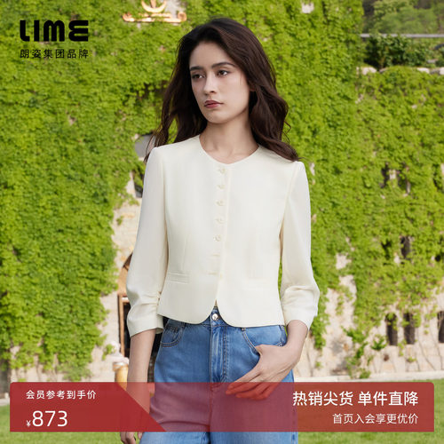 LIME莱茵简约轻薄长袖西服米白色秋新款圆角设计感优雅短上衣