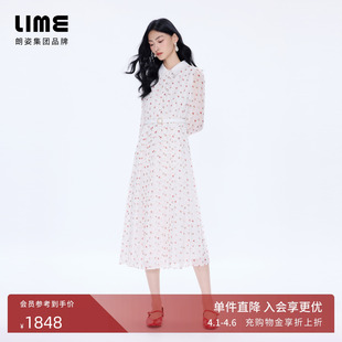 新款 LIME莱茵印花翻领收腰连衣裙压褶裙摆长裙名媛2026夏季 朗姿
