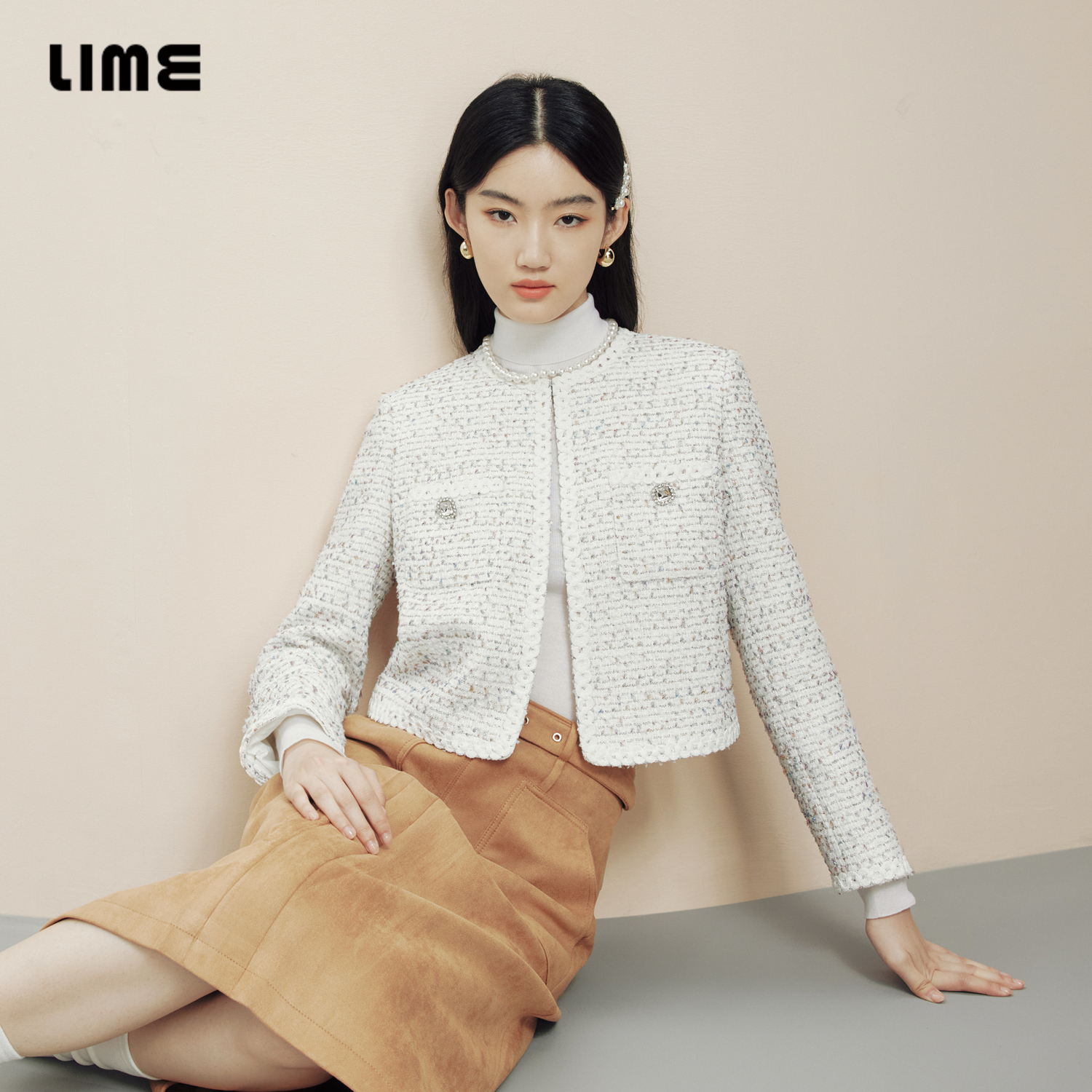 LIME莱茵时尚简约粗花呢短截上衣24秋冬新款圆领优雅设计感短外套