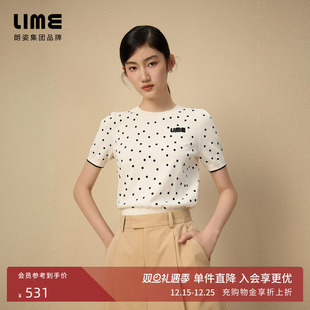 饰减龄短袖 LOGO装 25夏时尚 朗姿集团LIME莱茵圆领波点针织套头衫