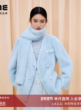 朗姿/LIME莱茵环保皮草短大衣蓝色开领配围巾珍珠扣高级感冬新款