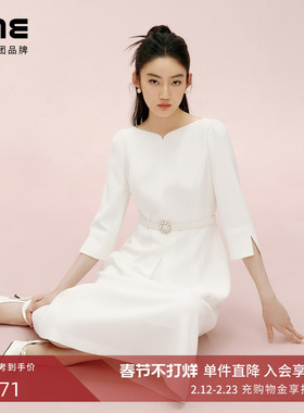 朗姿集团LIME莱茵一字领收腰连衣裙白色25春七分袖优雅高级感裙