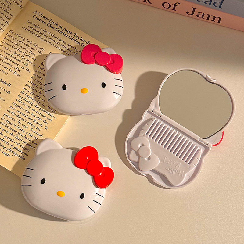 可爱KT猫折叠小镜子套装带梳子随身便携化妆镜卡通迷你外出补妆镜