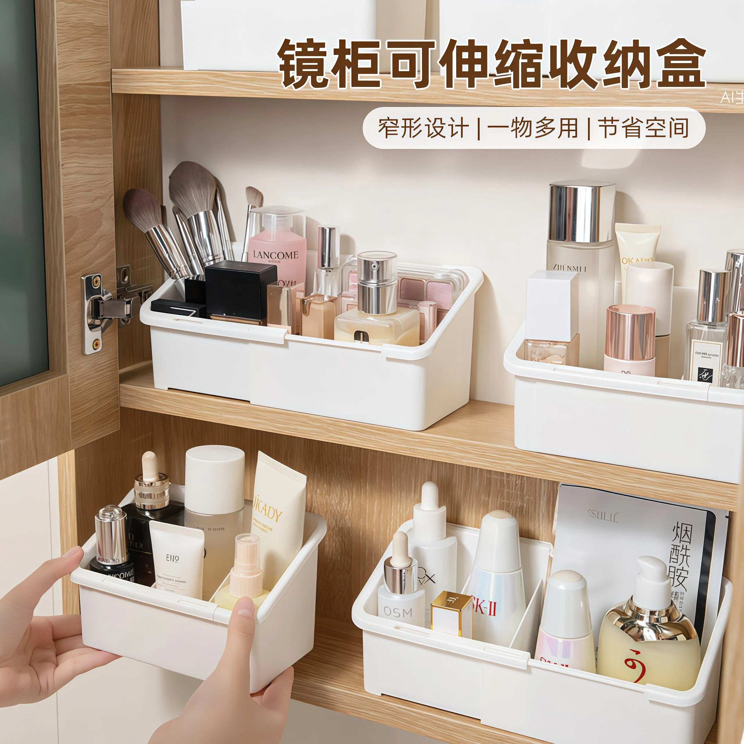 可伸缩镜柜化妆品收纳盒卫生间浴室置物架梳妆台分格桌面收纳盒