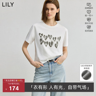 LILY春秋款撞色爱心印花字母亮片白色短袖T恤女125320VT201
