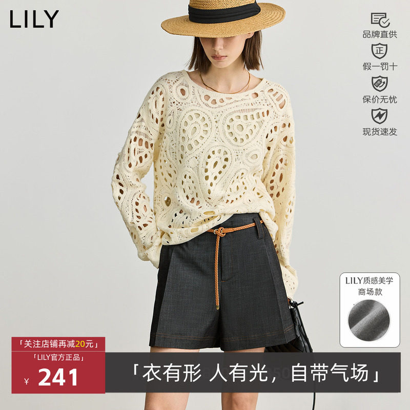 LILY丽丽春款巴恩风镂空宽松休闲圆轻薄米色针织衫女125129TK940