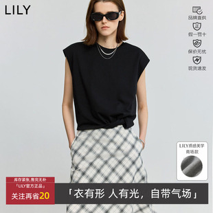 LILY夏新款 背心圆领T恤坎肩上衣女125209VT943 捏褶宽松休闲无袖