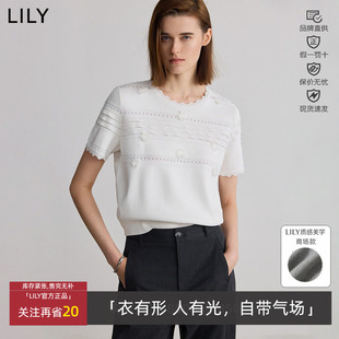 LILY丽丽春新款 女125149TK917 设计感镂空花边减龄百搭白色针织衫