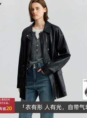 LILY春秋款女装复古帅气收腰黑色夹克外套中长款125350C3512