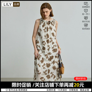 LILY夏新款女装醋酸混纺度假风撞色印花休闲无袖背心裙连衣裙