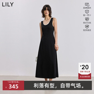 LILY丽丽夏新款撞色双层U领小黑裙收腰针织连衣裙女125230T7311