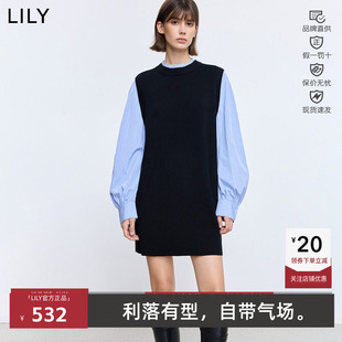 LILY/丽丽复古拼接条纹长袖深色直筒裙针织连衣裙女125409T7924