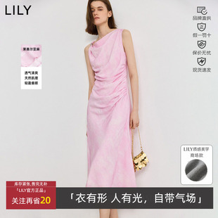 LILY夏款 浪漫收腰休闲浅粉色连衣裙女125229C7E63 莱赛尔亚麻法式