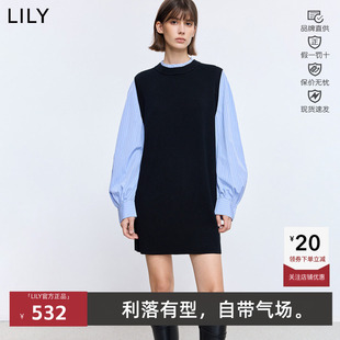 LILY2026春新款拼接条纹长袖气质直筒裙针织连衣裙女126129T7947