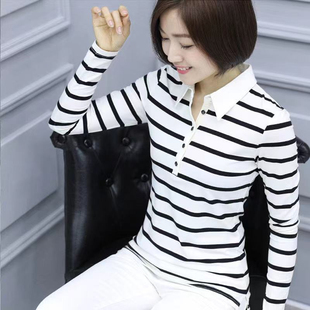 显瘦外穿有领打底衫 黑白条纹长袖 中年妈妈修身 新款 t恤女翻领秋装