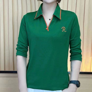 T恤女POLO衫 洋气妈妈装 长袖 时尚 宽松绣花弹力上衣t恤 春秋季 新款