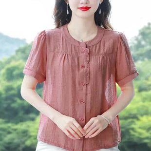 新款 2026夏装 妈妈洋气宽松显瘦短袖 上衣小衫 衬衣 棉麻衬衫 大码 女