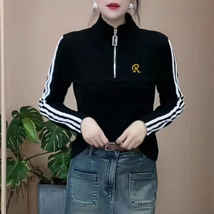 T恤2026初春新款 字母刺绣拼接拉链立领长袖 纯棉显瘦上衣 95棉