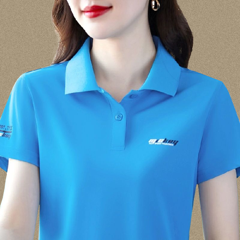 冰丝翻领休闲短袖t恤女夏季2026新款印花polo衫中年妈妈显瘦上衣