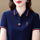 上衣大码 洋气短袖 绣花体恤 妈妈polo衫 宽松翻领半袖 t恤女夏装 时尚