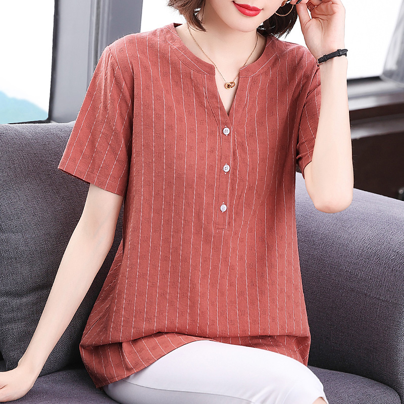 夏季短袖女中长款纯棉上衣新款女装2025妈妈休闲大码衬衫中袖衬衣