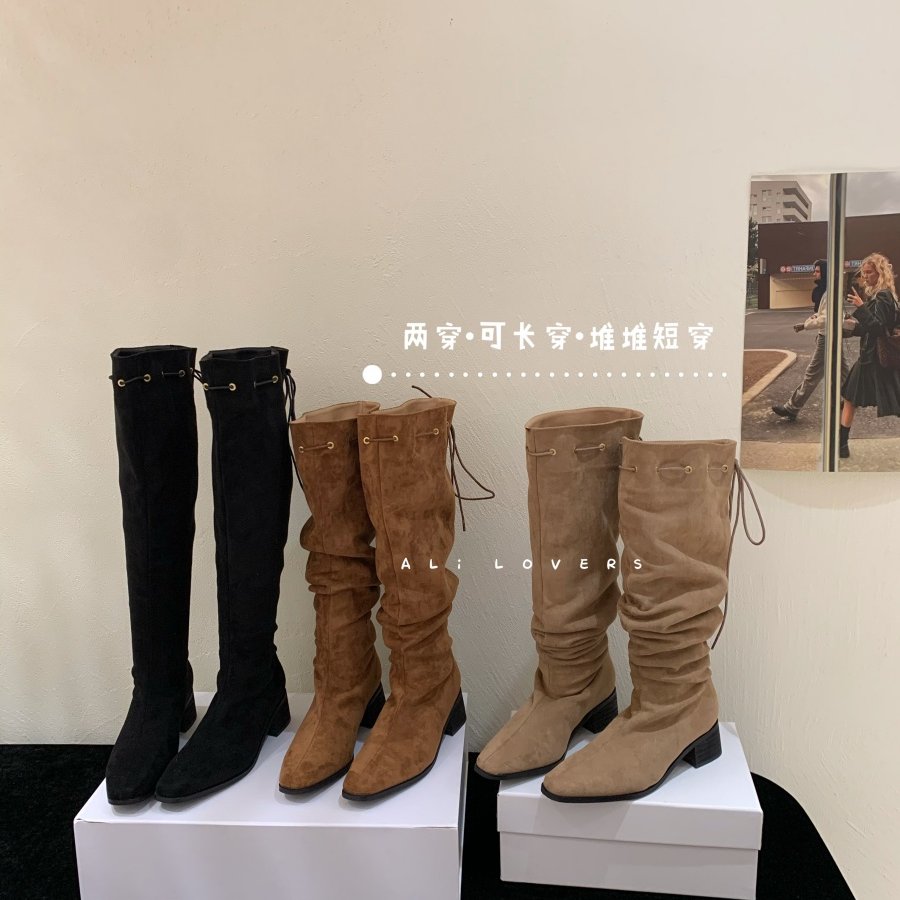 韩版绒面修小方头过膝长